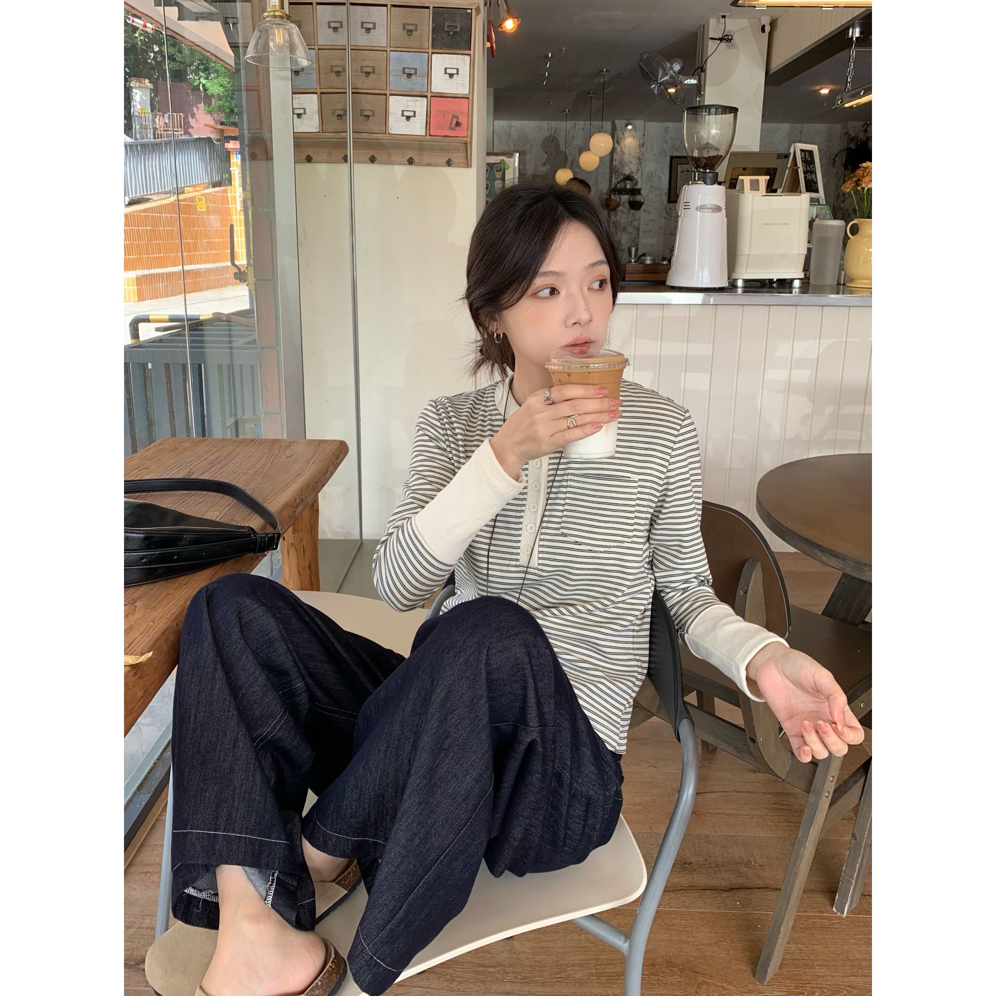 YO定制秋季韩系撞色亨利领条纹T恤设计感复古时髦显瘦长袖上衣