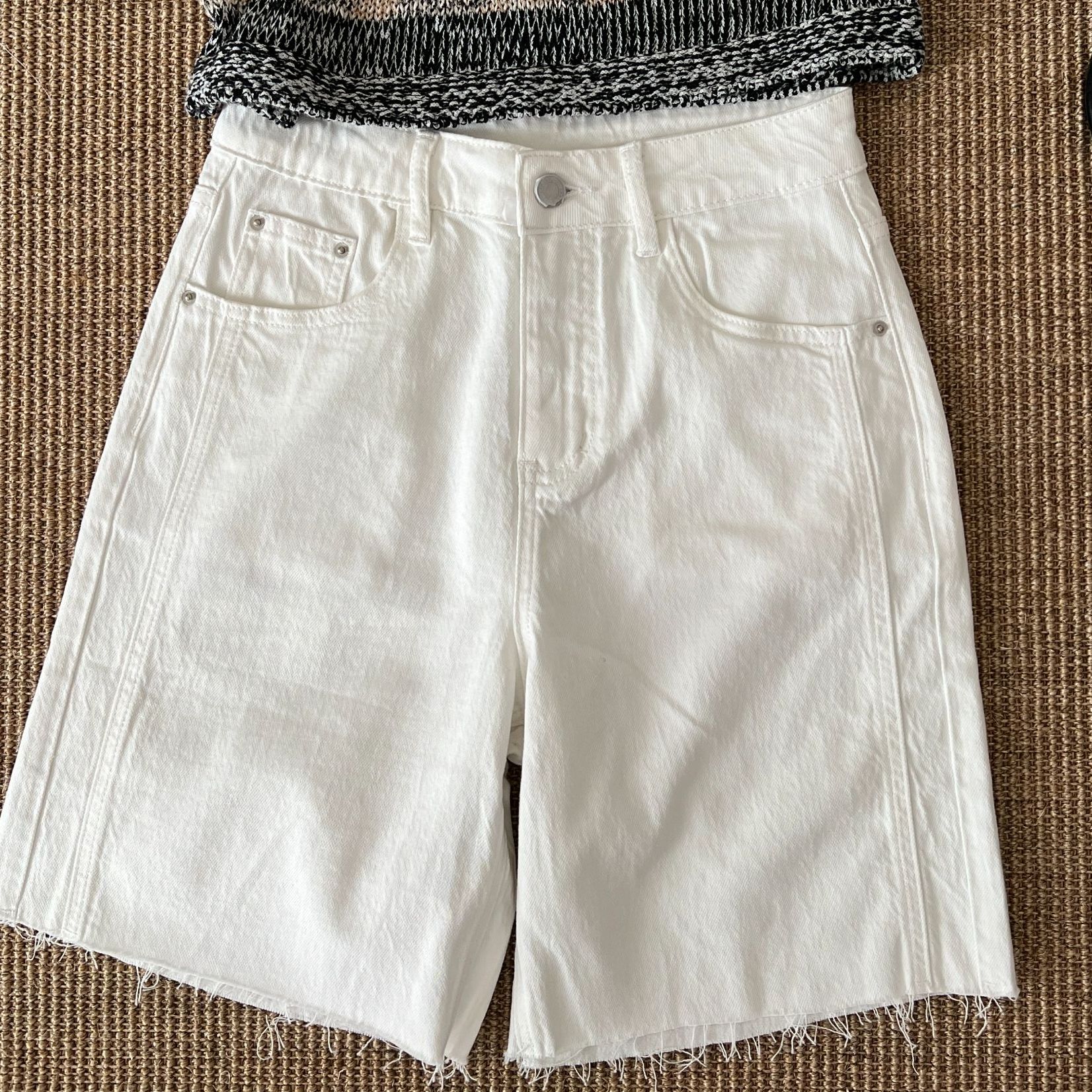 JM 《清爽牛仔》高品质极简白色直筒中裤流苏牛仔裤女