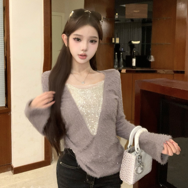 设计感链条拼接针织衫女秋冬新款韩版慵懒风长袖小衫复古小众上衣