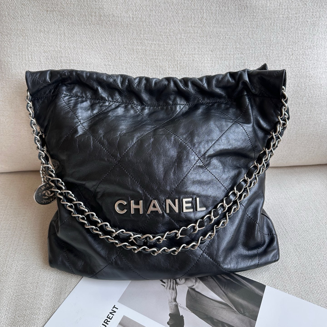 95新 Chanel/香奈儿 98新-22bag黑银牛皮小号垃圾袋