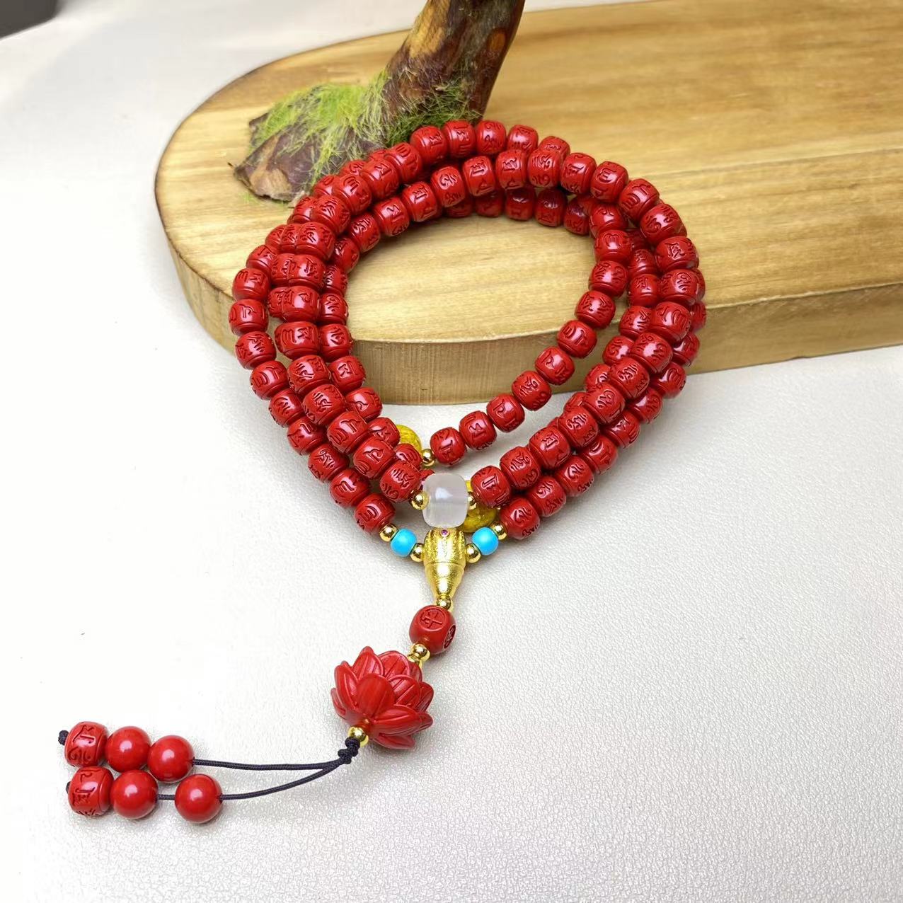 含辰砂工艺品高含量朱砂设计款六字真言108长链爆款多圈手串