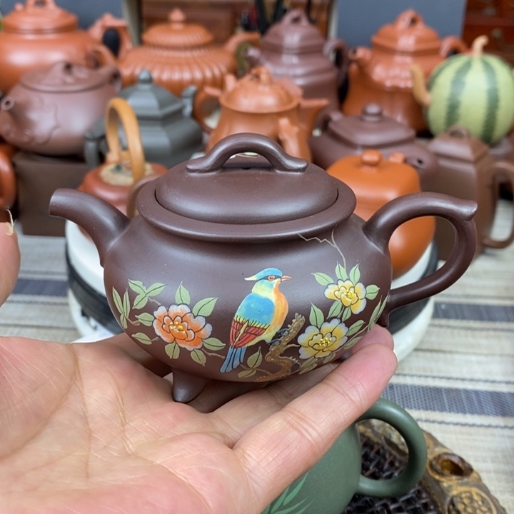紫砂茶壶三足宫灯180cc原矿老紫泥手工泥绘