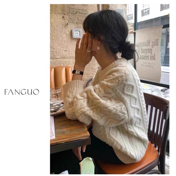 ou*ce   复古ins慵懒风 高级麻花羊毛毛衣宽松套头针织衫女B8547