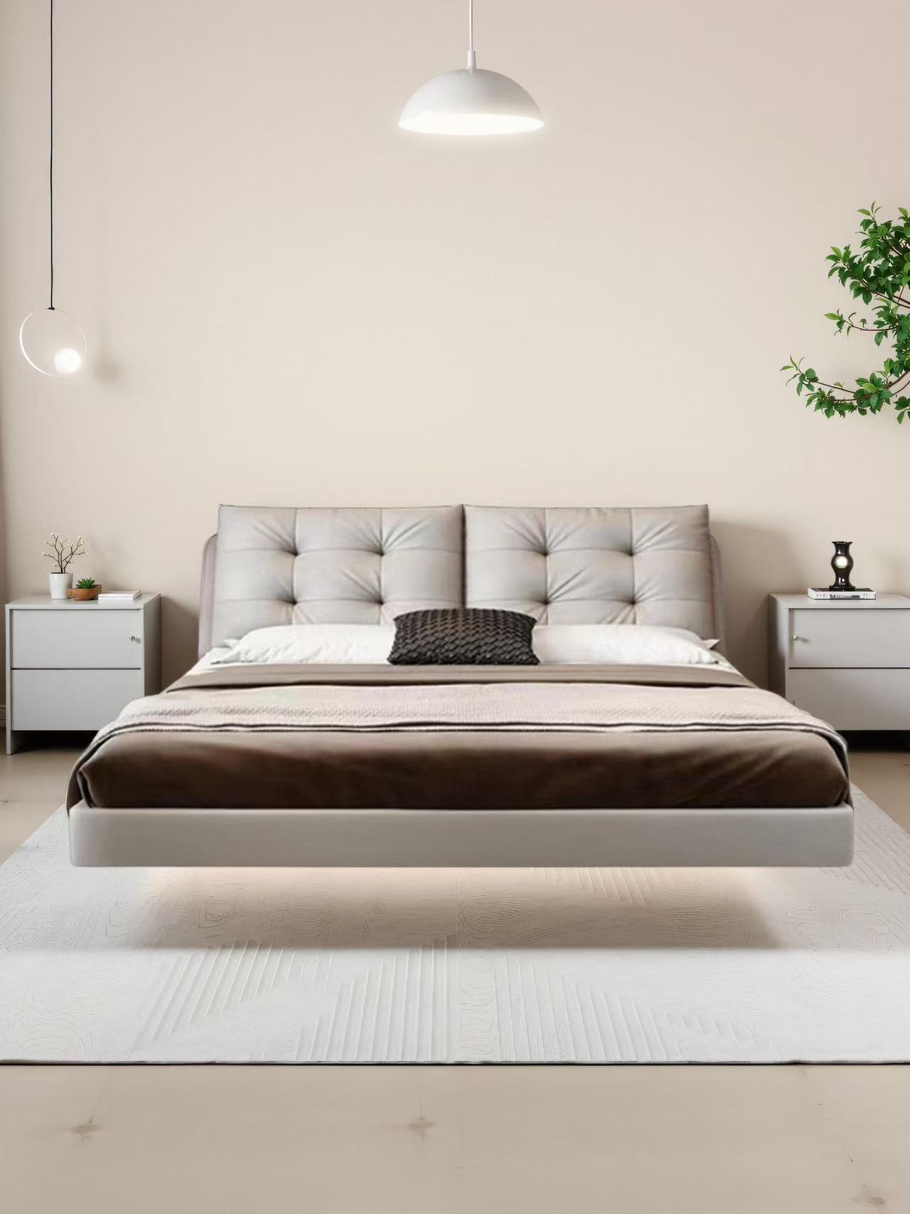 棉花糖半齐边高脚床意式半青头层牛皮双人床主卧室大床真皮大床