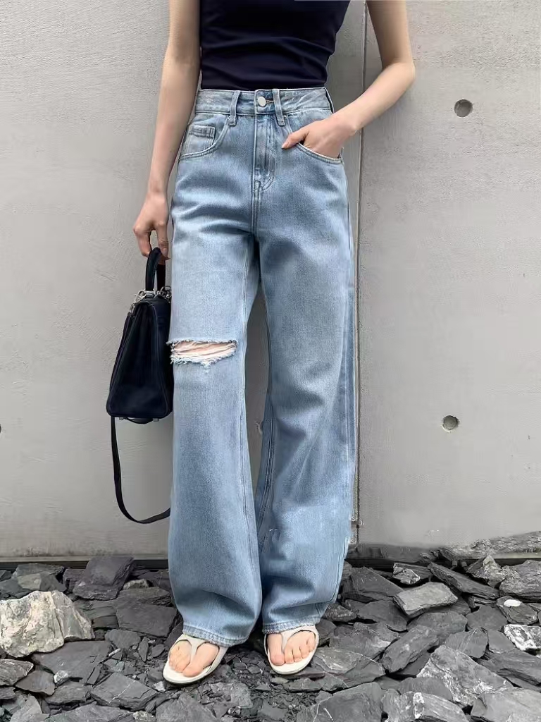 SU【085】花86 愫萌 牛仔裤夏季新款高个子薄款破洞窄版阔腿裤~