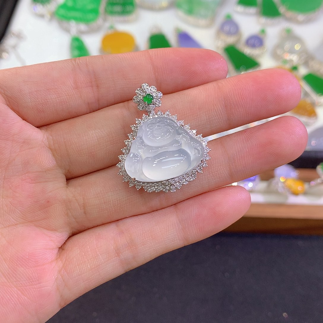 翡翠吊坠(不含链)18K金镶嵌佛公