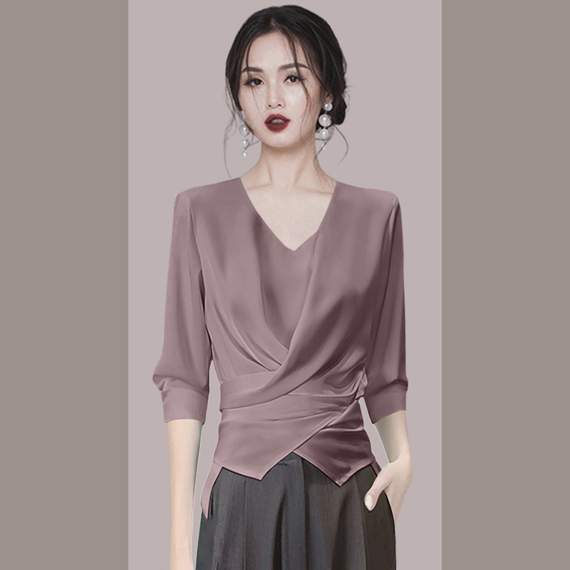 夏季V领褶皱衬衫女设计感小众2025新款别致气质短款上衣