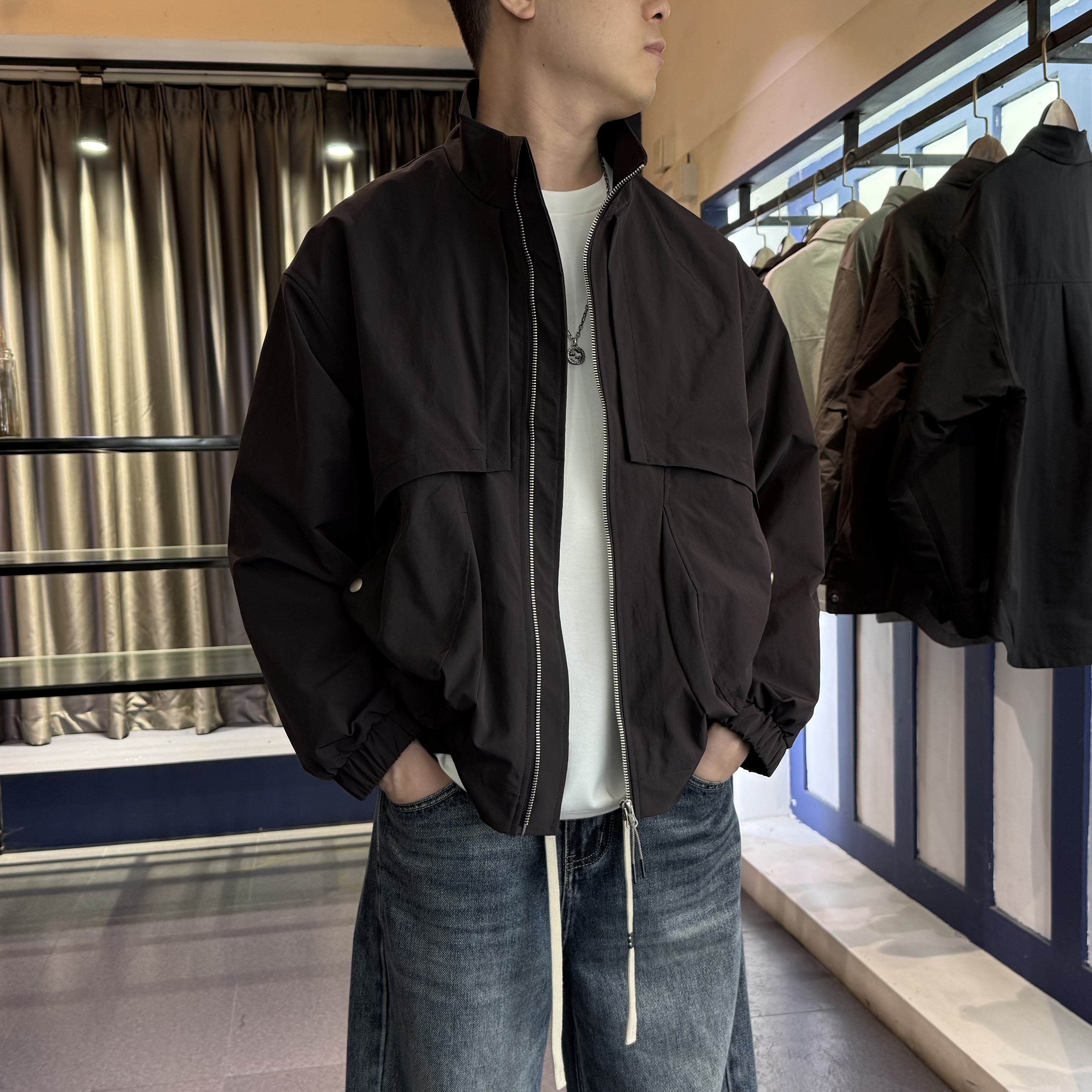 【解构拼接轻薄夹克】秋季防风立领设计师款男时髦宽松外套