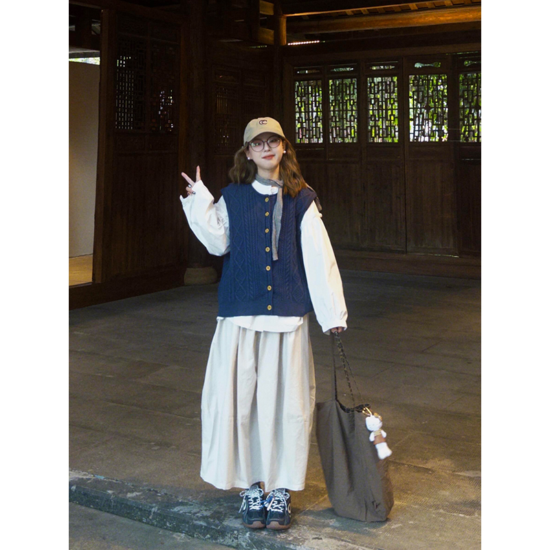 MARIE.COCO韩系氛围感花边衬衫叠穿麻花针织马甲女秋季A字半身裙