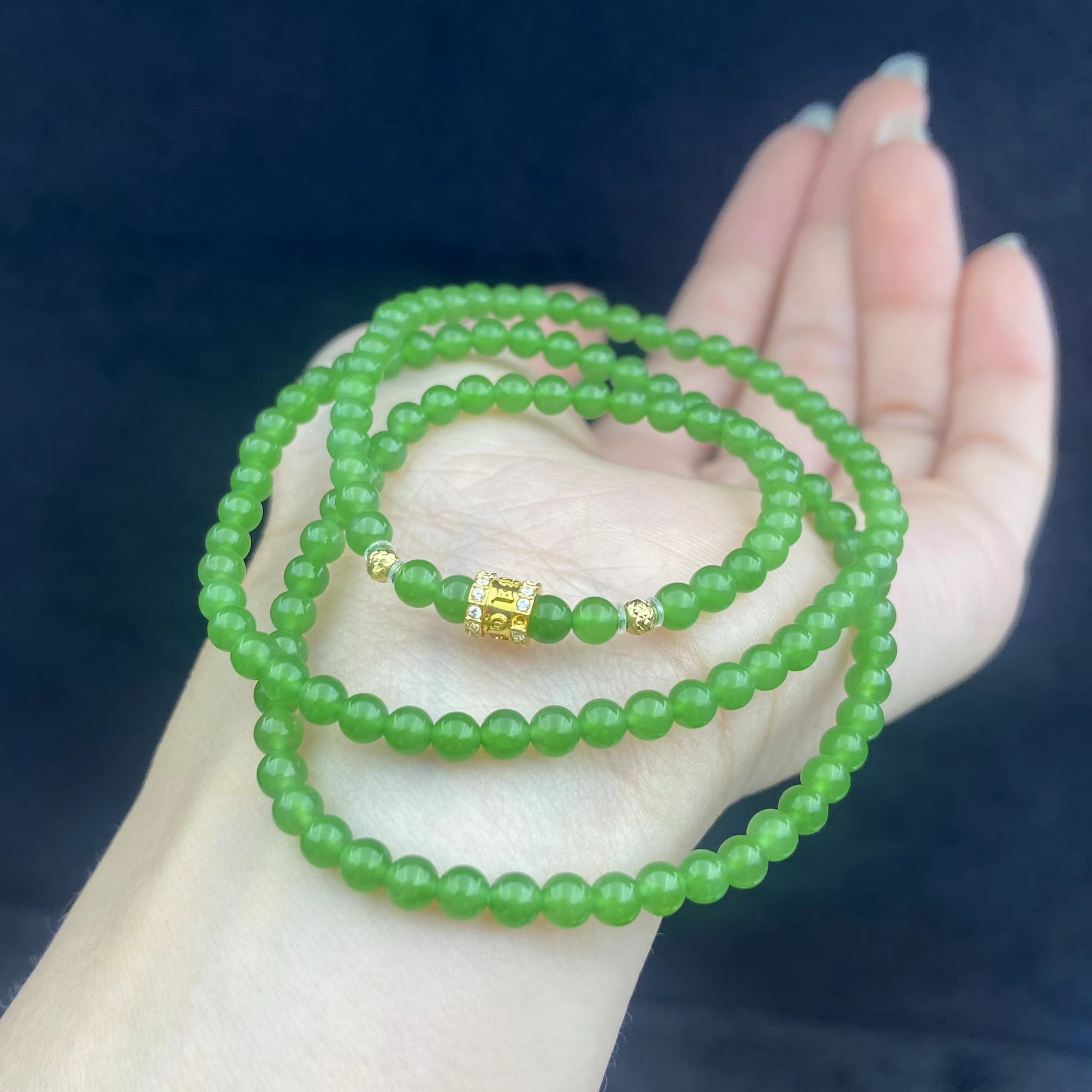 【同庆珍品】18k金和田玉果绿珠链4mm  D45