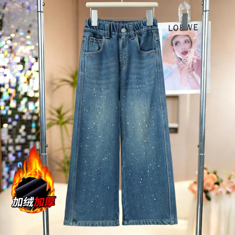 女童加绒烫钻直筒裤2026春季新款中大童时尚百搭儿童洋气牛仔裤潮