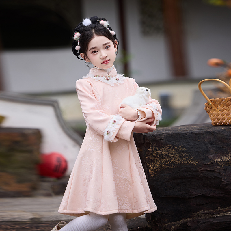 旗袍裙女童国风拜年服冬季加厚公主裙小女孩新中式唐装礼服连衣裙