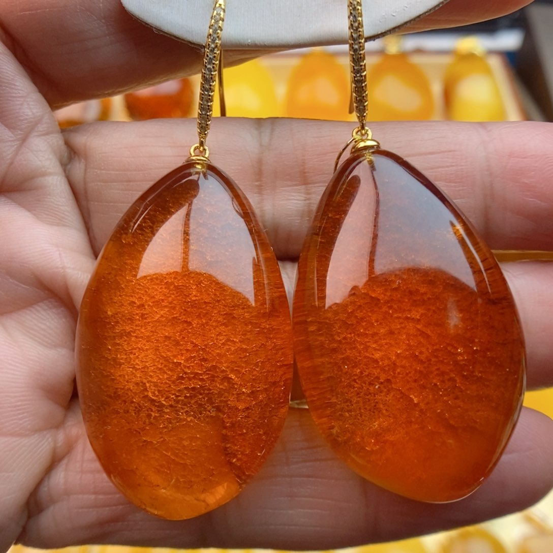 琥珀耳饰银S925镀金镶嵌