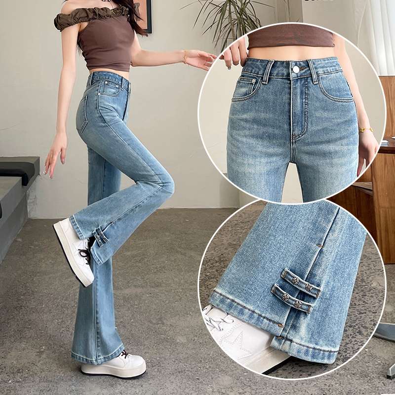 美式开叉微喇牛仔裤女冬季加绒加厚新款紧身提臀弹力修身小喇叭裤