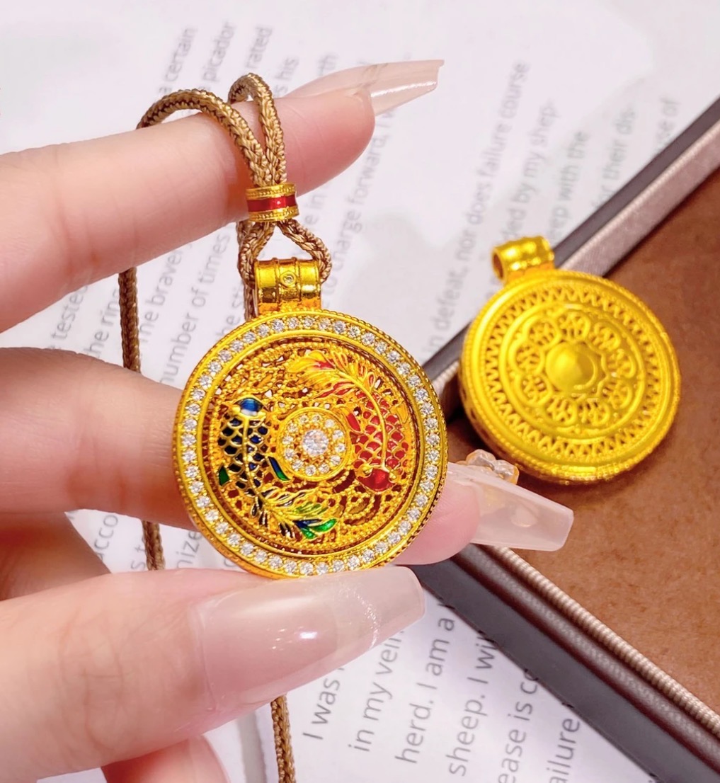 铜合金项链 滴胶鲤鱼罗盘项链可转动古法财神新中式咖绳款毛衣链