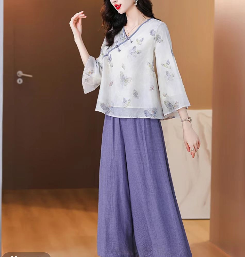 新中式紫色蝴蝶上衣阔腿裤夏季套装2025新款汉服两件套