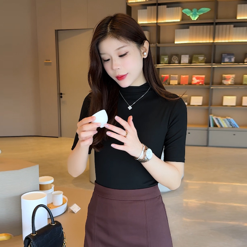 半高领显瘦内搭打底衫女秋季新品修身型五分袖T恤洋气紧身针织衫