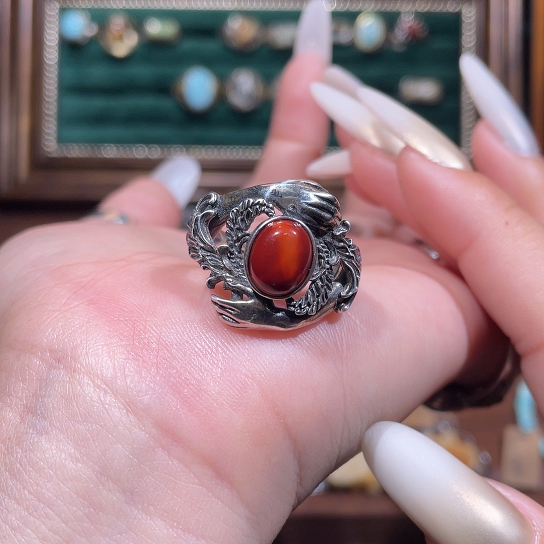 南红玛瑙银S925镶嵌戒指戒指