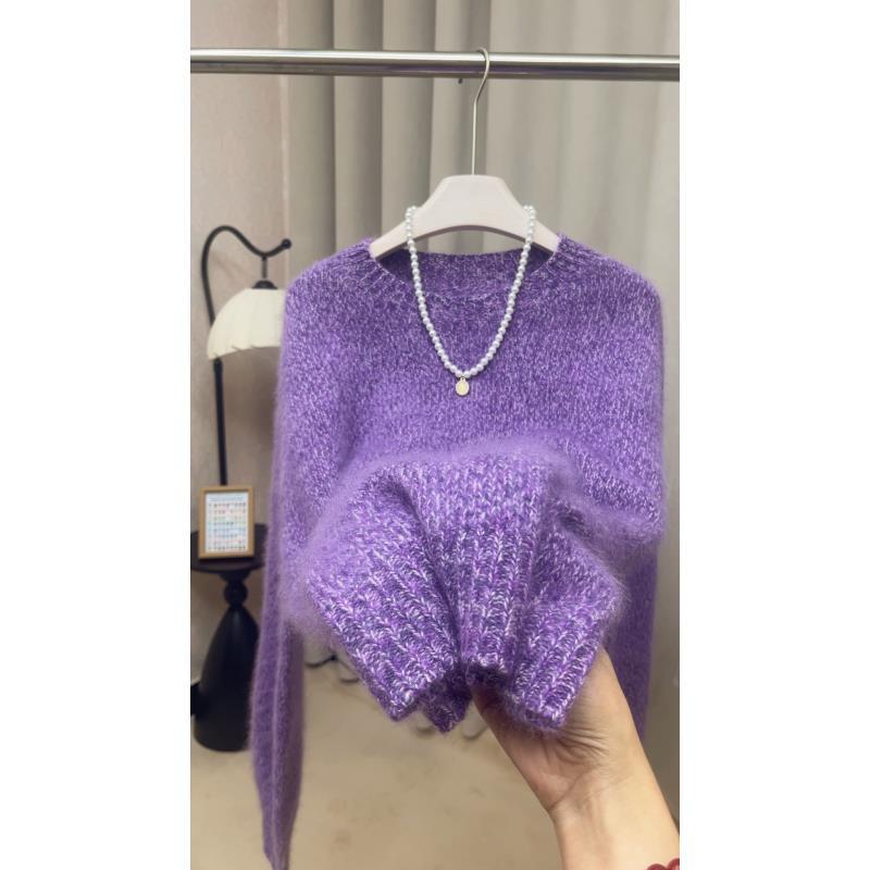 轻奢美丽诺羊绒羊毛》拉毛羊绒花纱圆领韩版慵懒风松弛百搭-千金