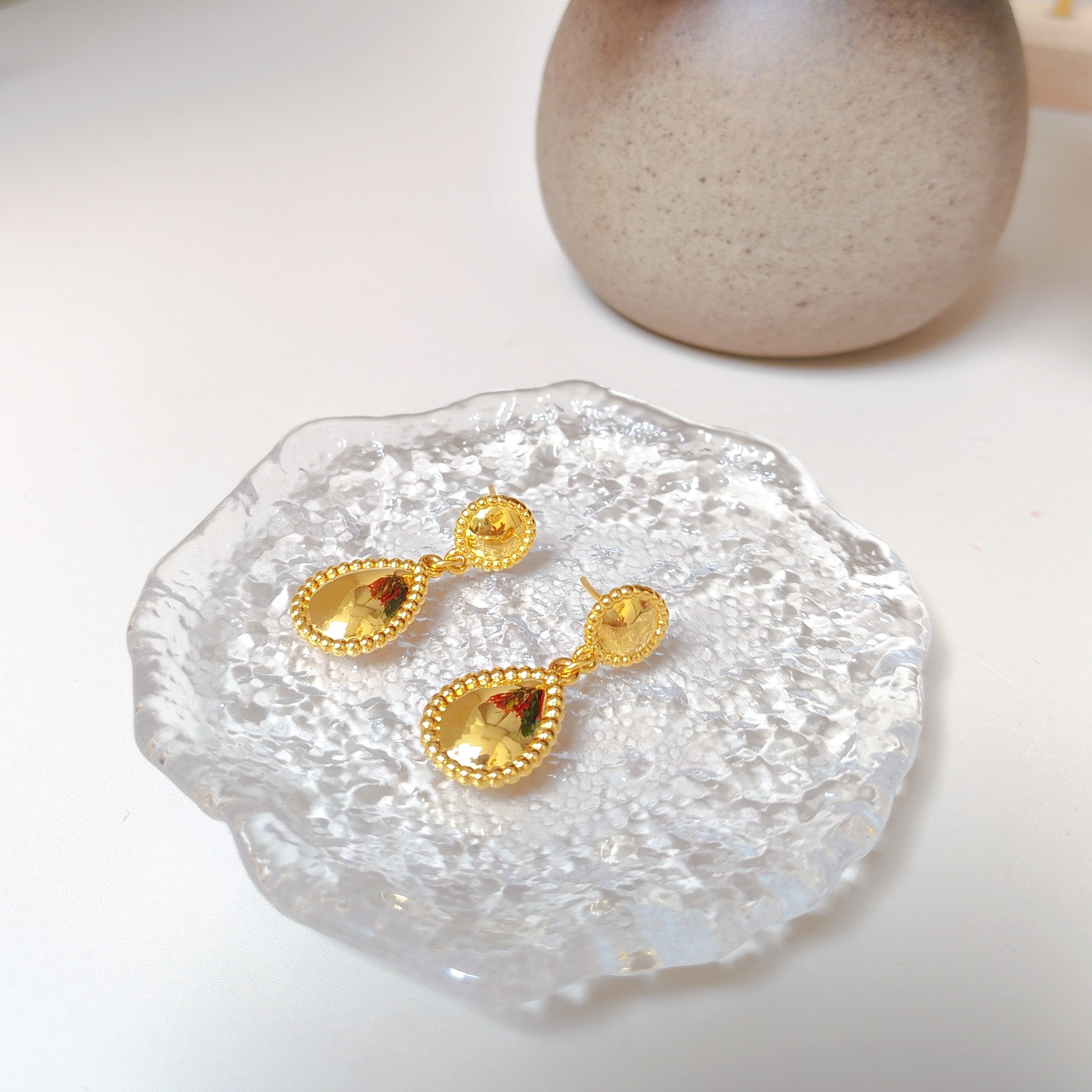 足金999 水滴花边时尚耳钉