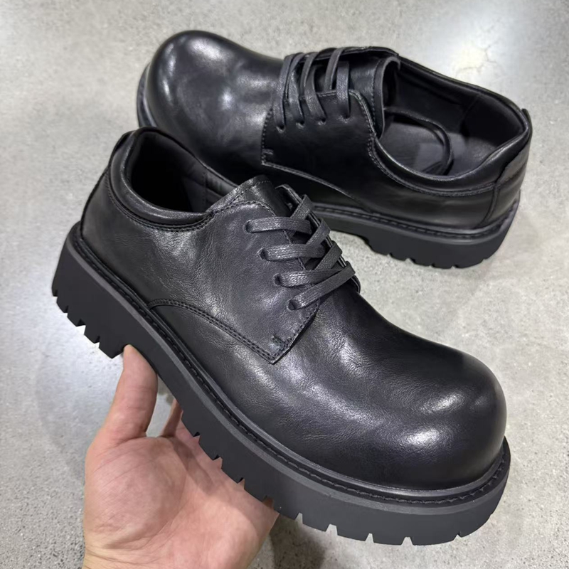 秋冬新款德比鞋黑色男士商务休闲皮鞋大头通勤百搭圆头潮流男鞋子