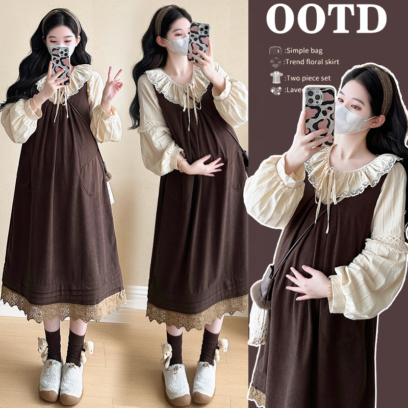 【玫瑰优选】孕妇装春季套装时尚花边娃娃领衬衫拼接背带裙孕妇套装