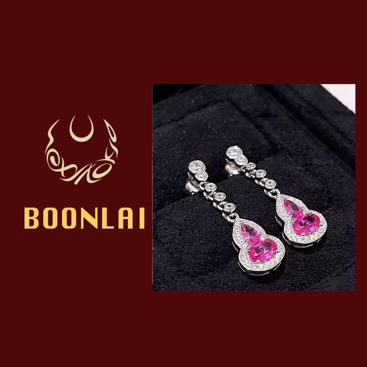 铜合金锆石耳饰 Boonlai新中式玫红色镶钻国风葫芦耳环