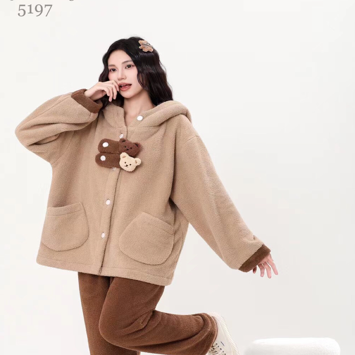 冬季加厚波点长毛雪胖绒可外穿女士韩版可爱家居服套装