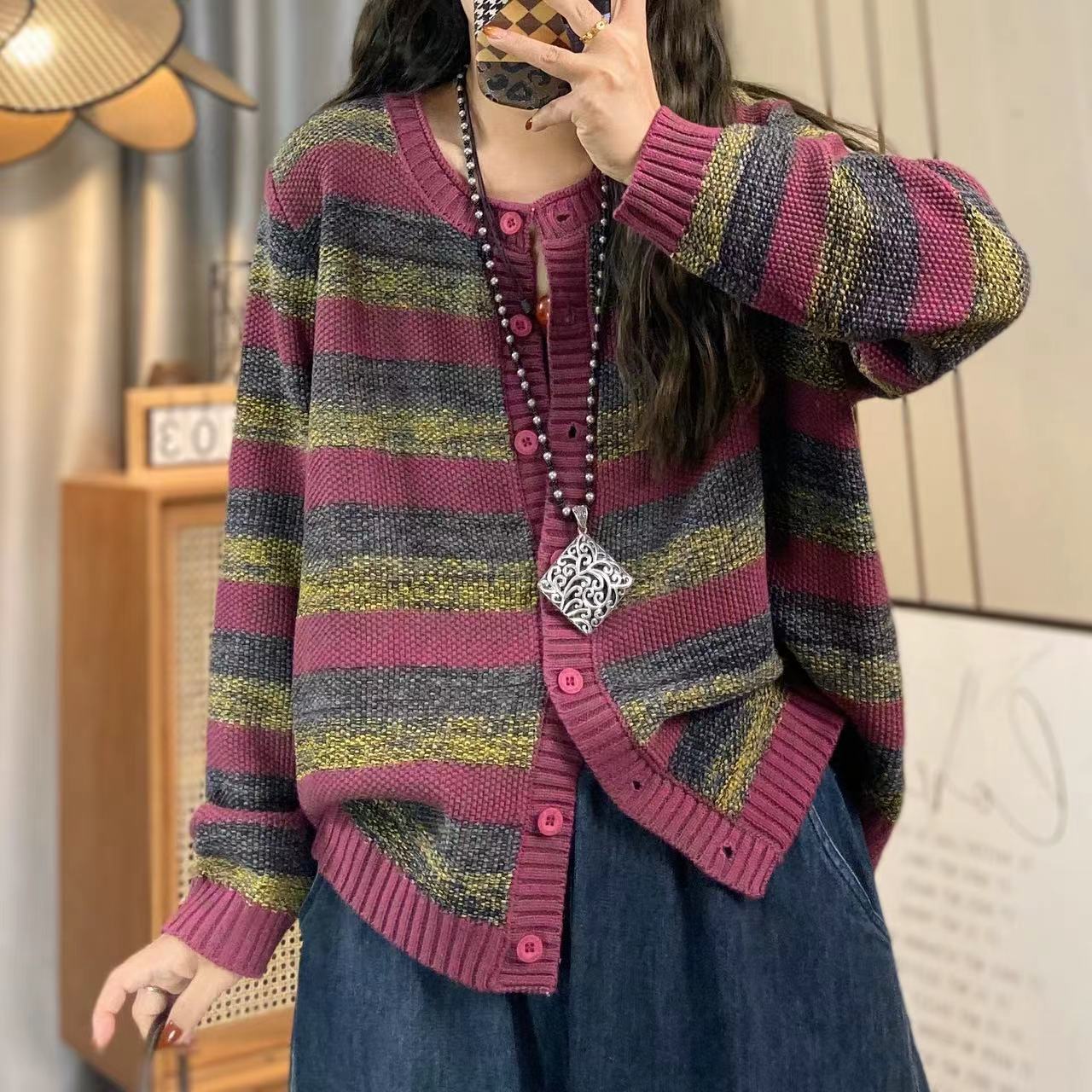 长袖针织复古条纹毛衣宽松圆领冬季毛针织衫休闲风