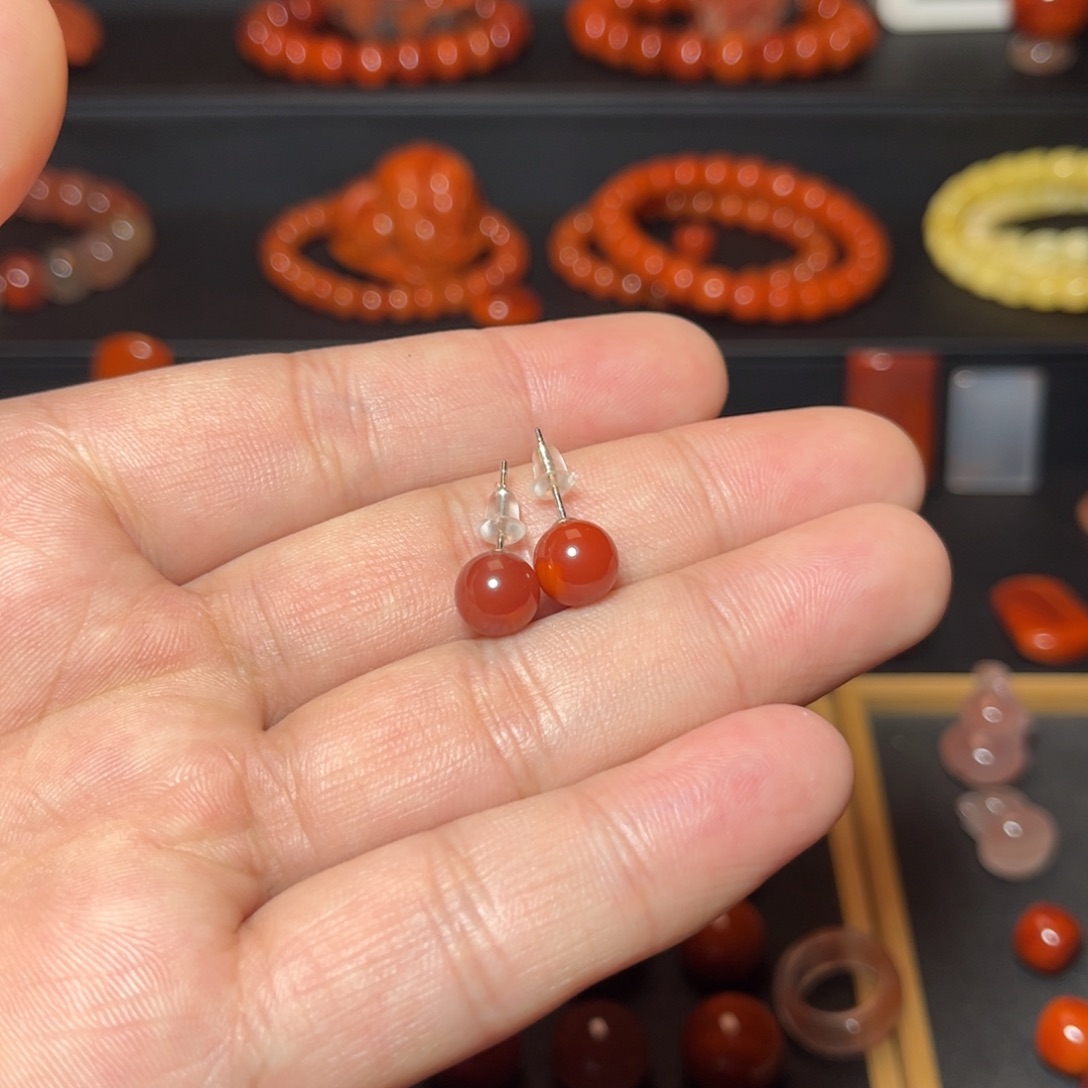 南红玛瑙银S925镶嵌耳饰原矿瓦西精品耳钉