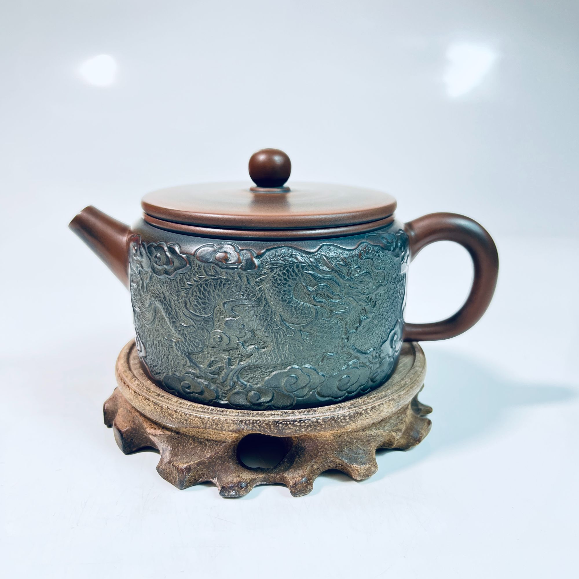 坭兴陶紫红泥龙浮雕刻绘200毫升手制网孔平盖壶全手工泡茶壶陶瓷