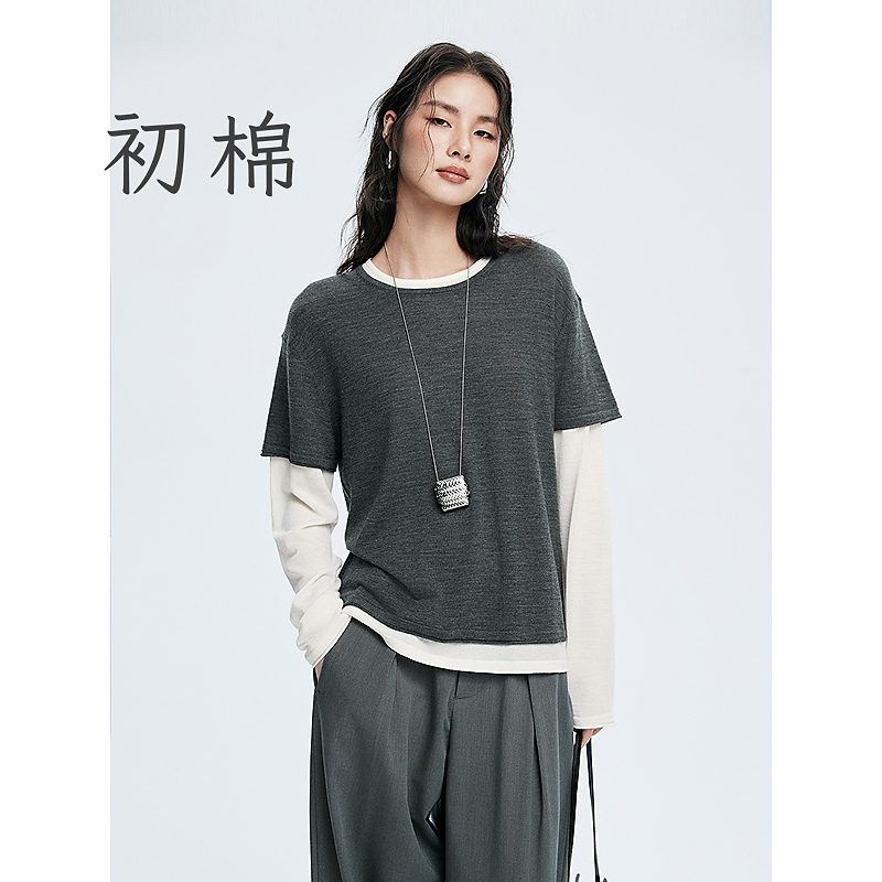 362635025假两件羊毛拼接圆领长袖T恤