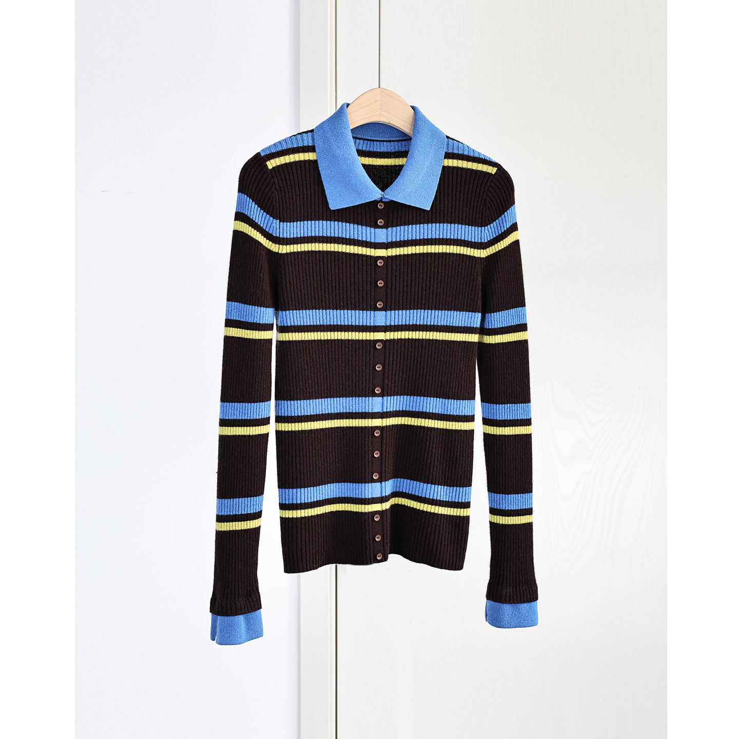 配色绝美~博主风100纯羊毛撞色蓝咖条纹假开衫女翻领弹力打底毛衣