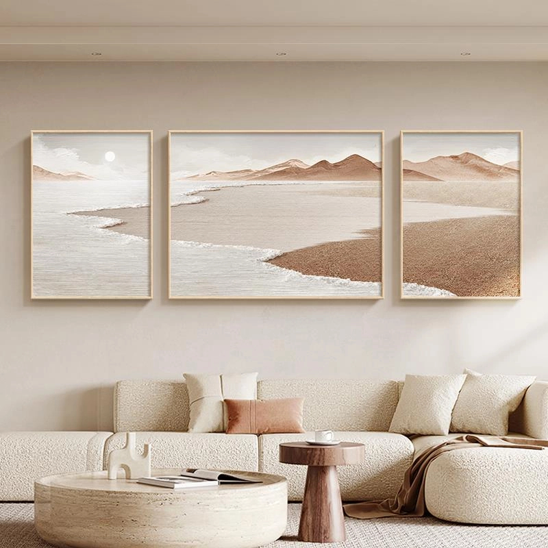 奶油风客厅装饰画大气三联画抽象海浪沙发背景墙挂画简约肌理壁画