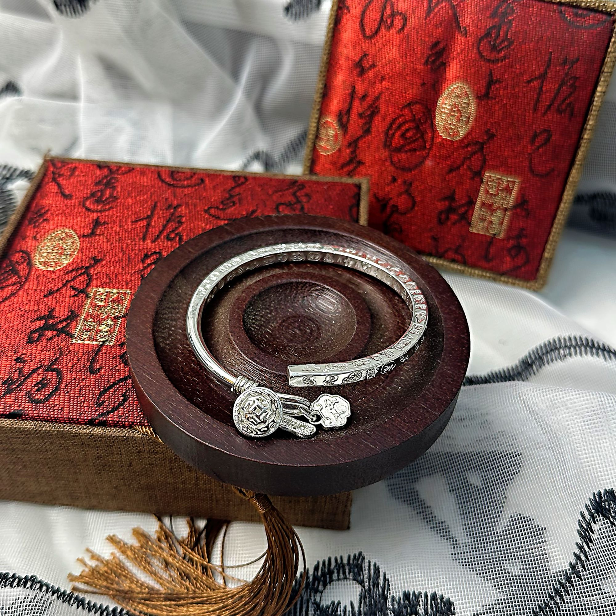 足银手镯 144  四方吉言开口手镯经典百搭手工时尚复古