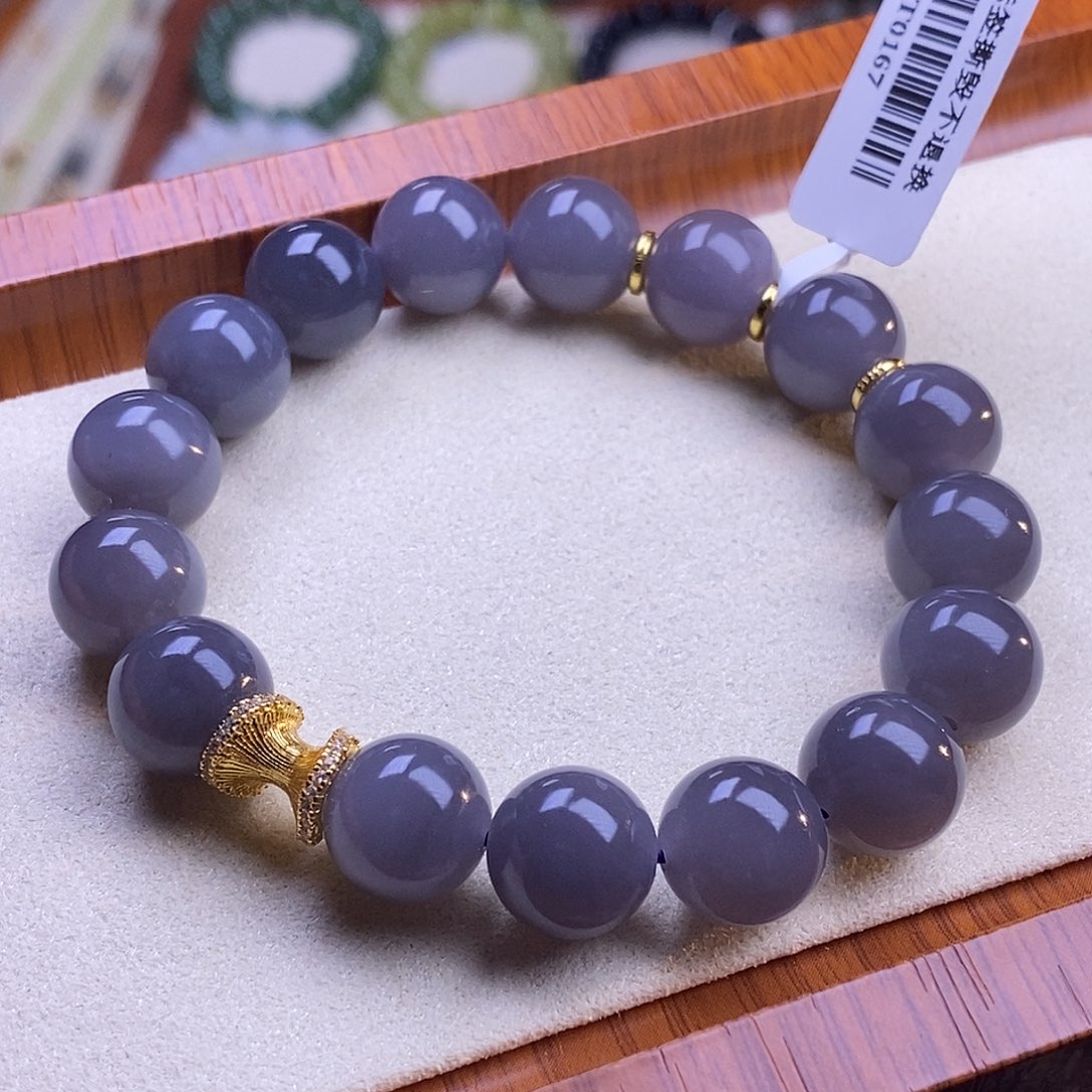 颈饰未镶嵌和田玉毕业级老坑料冰烟紫手链12m