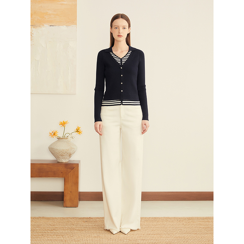 YINER音儿专选2025冬季新款假两件V翻领撞色条纹针织衫8C65506186