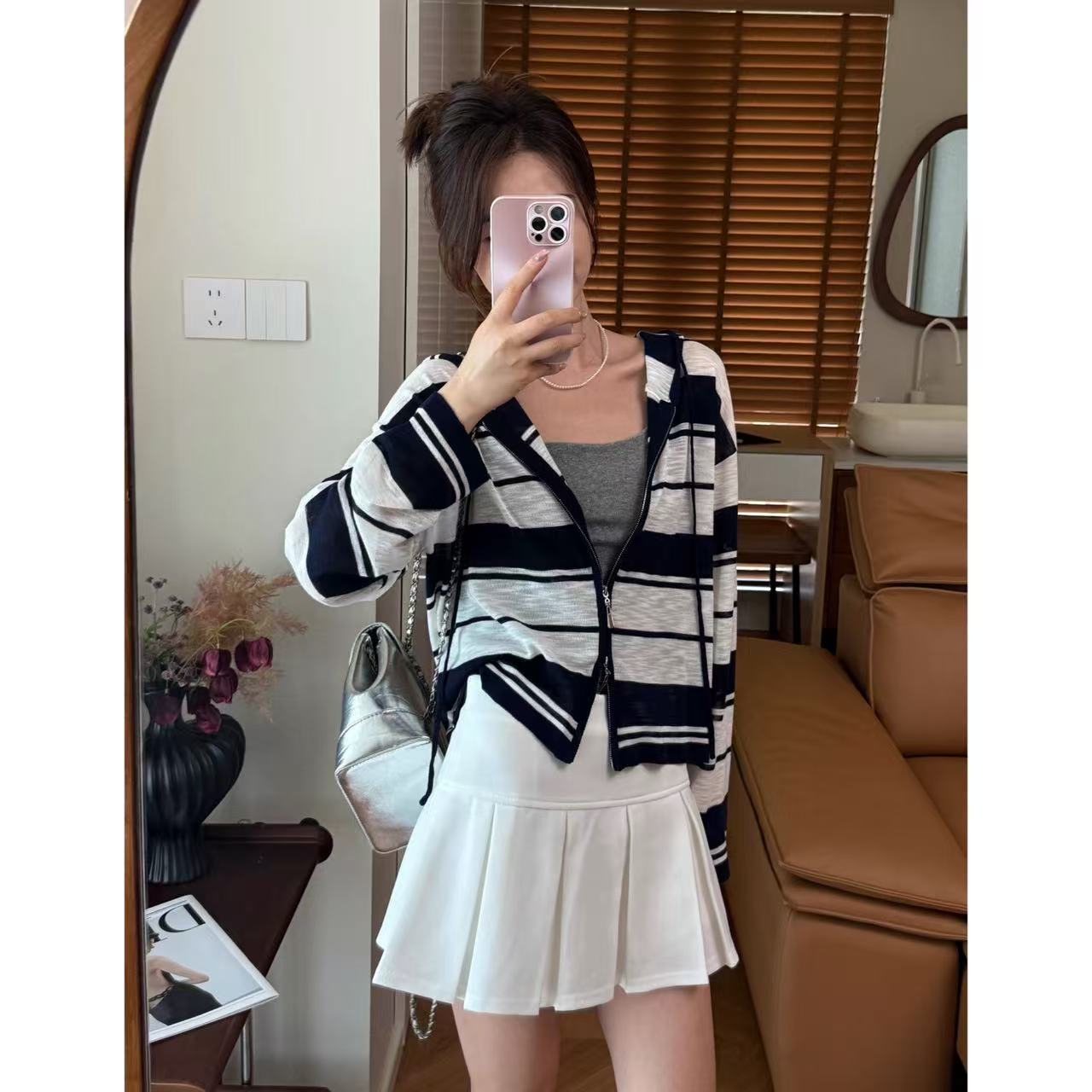 丽丽家~条纹帽衫显瘦长袖宽松条纹时尚百搭薄款拉链帽衫上衣