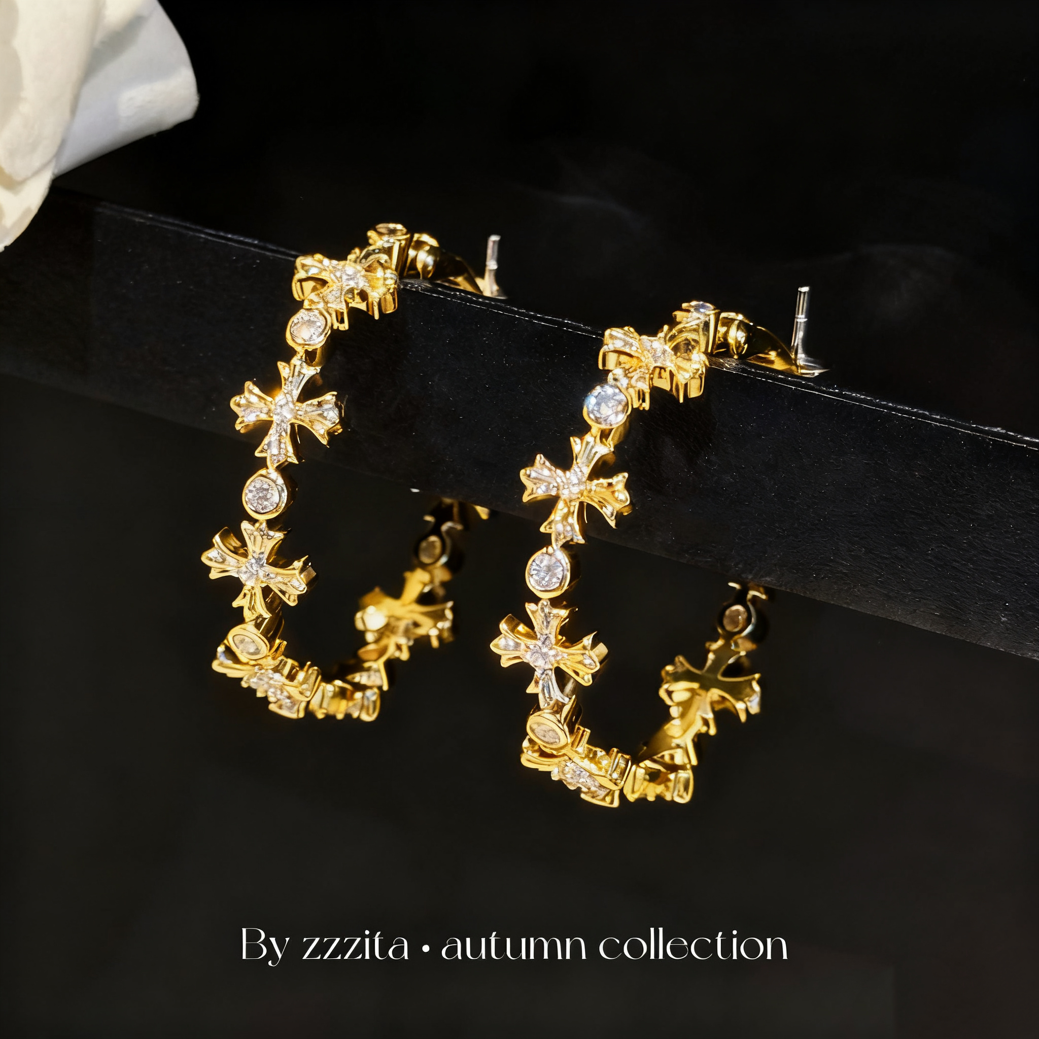 合金合成锆石耳饰 ZZZITA 百搭美式辣妹复古闪钻十字架耳环