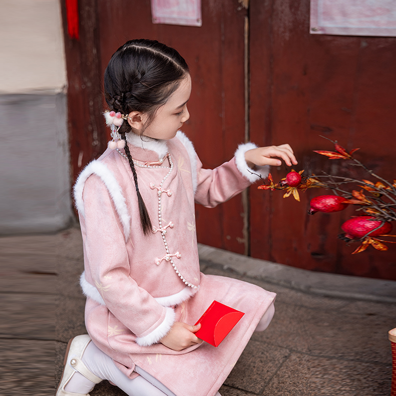 粉色女童旗袍两件套拜年服冬国风唐装马甲加厚保暖女孩新年裙子dn