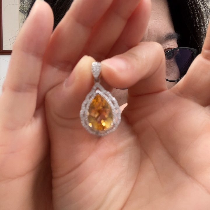 黄晶吊坠银S925镶嵌赠皮绳