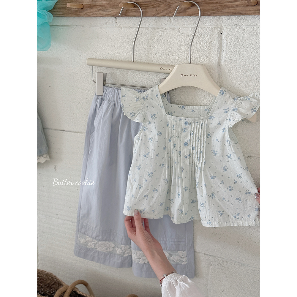 SY-68047-儿童时尚洋气百搭裤脚花边蓝色阔腿裤（夏款）