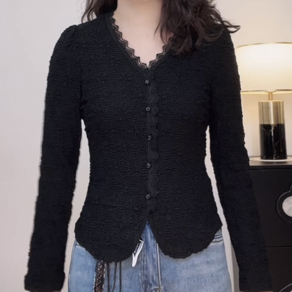 彬彬家春季新款法式领蕾丝衫女修身长袖内搭打底蕾丝衫198