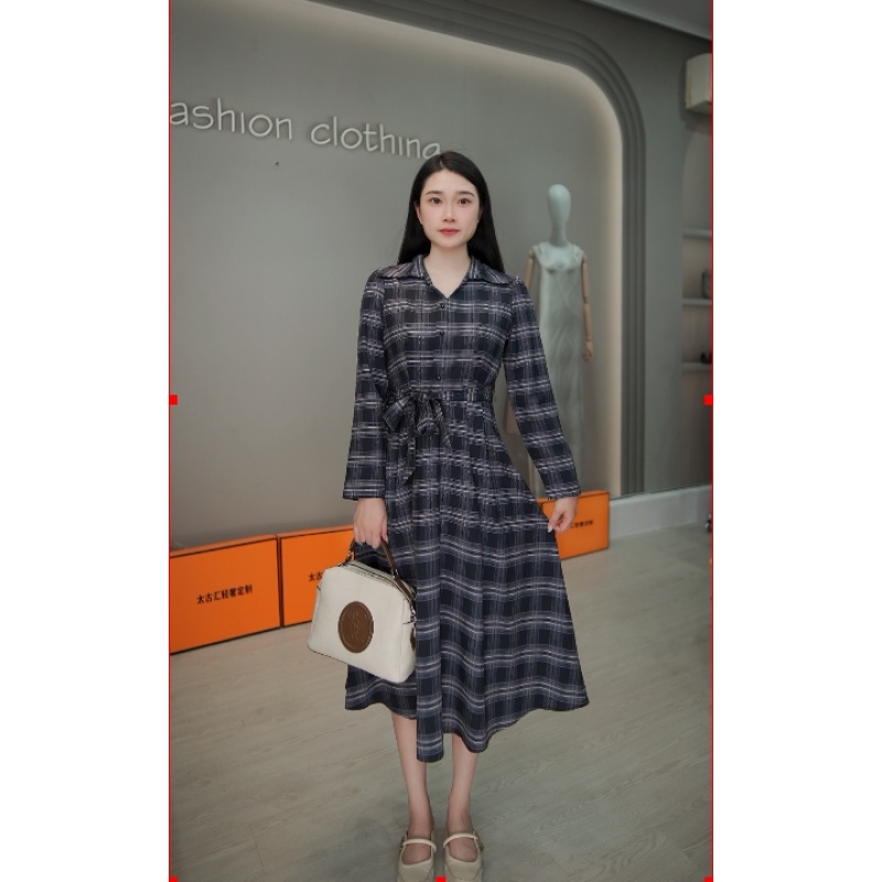 8515#高档连衣裙新款格纹收腰显瘦优雅礼服裙子
