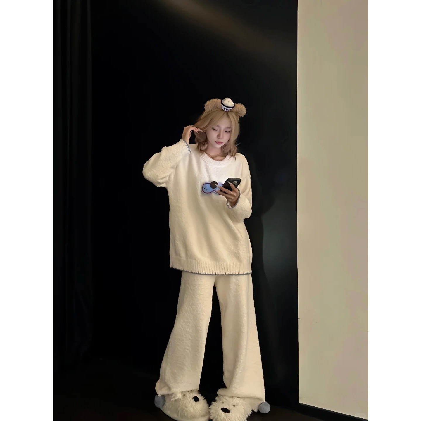 韩款可爱酷猫针织半边绒睡衣女2025冬季新款加厚保暖家居服套装女