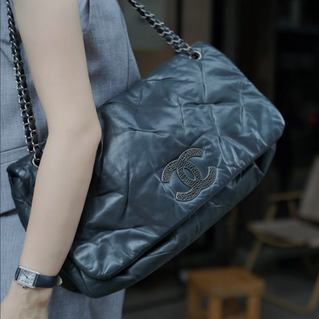 95新 Chanel/香奈儿 墨绿色珠光翻盖机场包16253