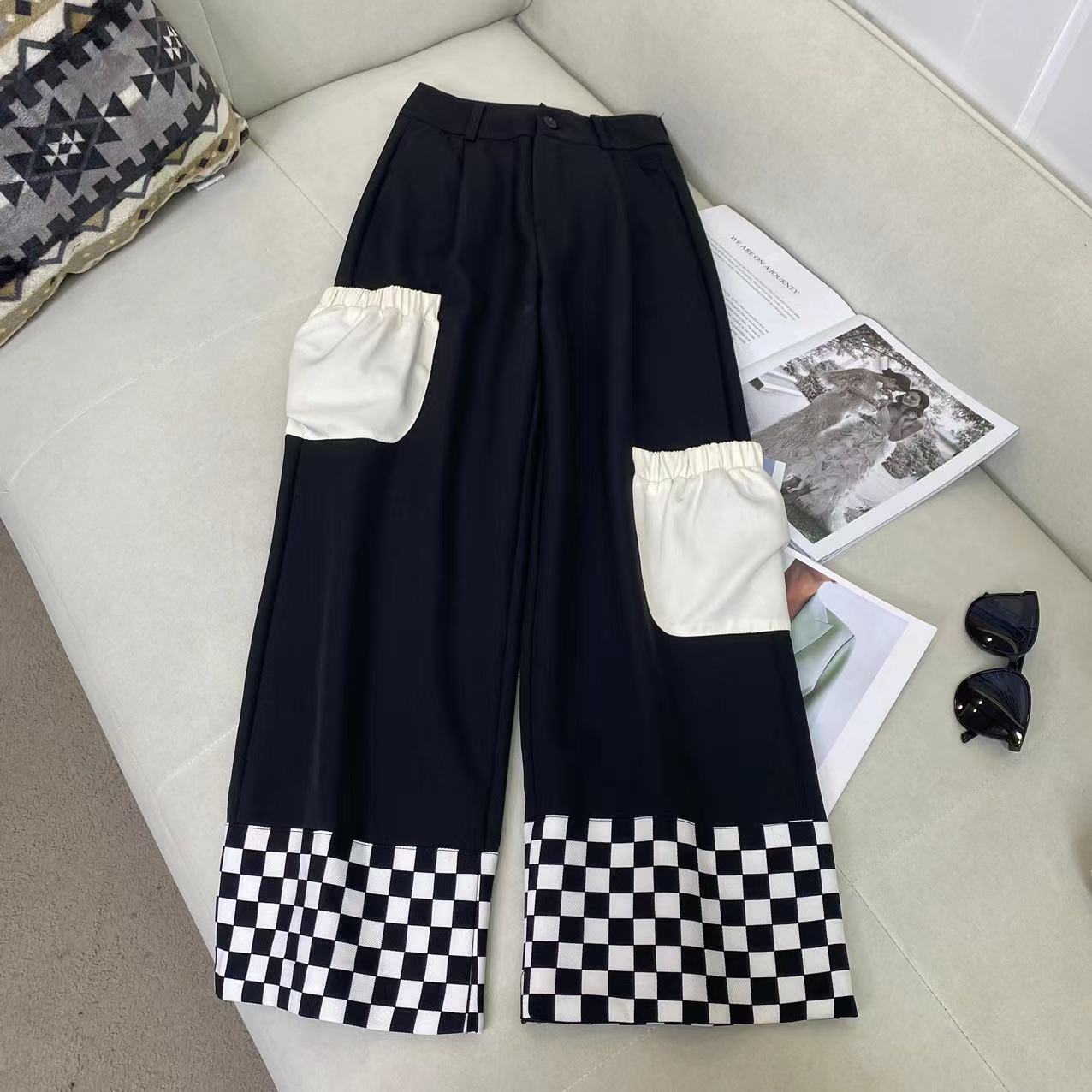 时尚休闲黑白拼接棋盘格阔腿裤C5226