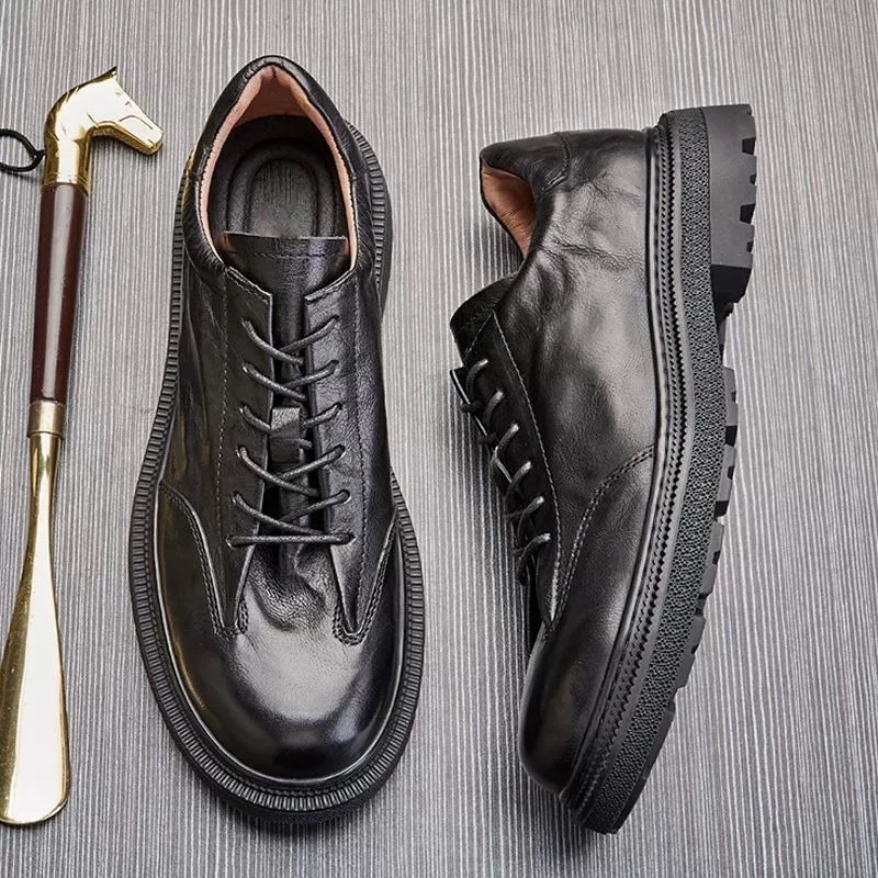 【YUC】头层牛皮柔软休闲潮流商务真皮皮鞋圆头青年厚底青年单鞋男