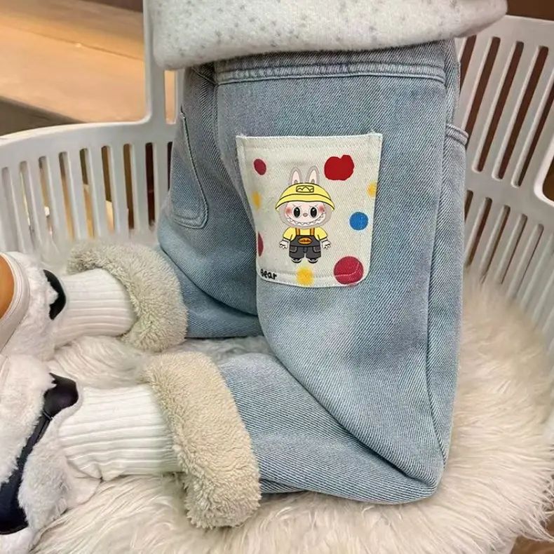 女男童加绒牛仔裤冬季新款加厚一体羊驼绒休闲裤宝宝冬装保暖裤儿