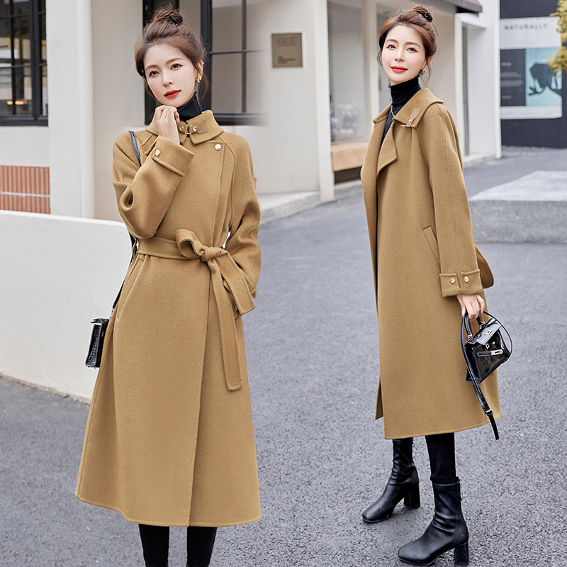 羊毛长款纯色薄外套秀气英伦风年轻女性时尚长袖双面穿大衣